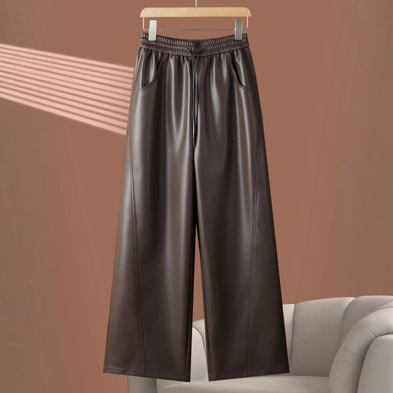 2026 Autumn New Haining Genuine Leather Pants for Women, High-Waisted Slimming Sheepskin Loose Straight-Leg Pants, Elastic Casual Long Pants