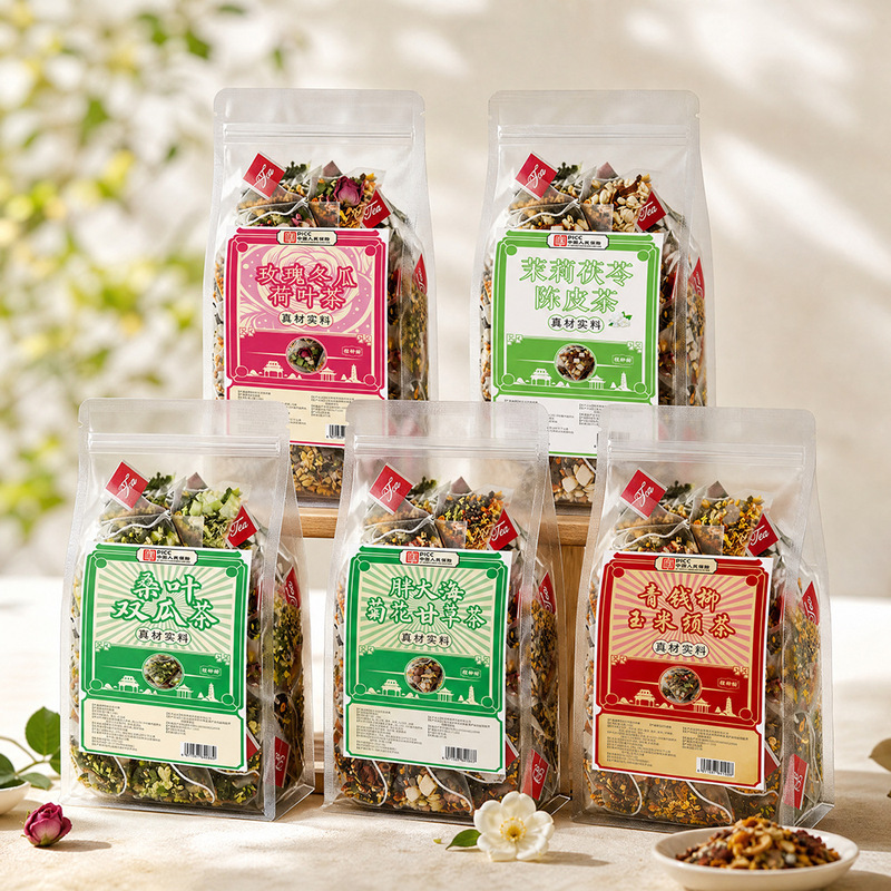Various Triangle Bags of Alternative Herbal Teas: Chrysanthemum Tea, Cassia Seed, Five-Fingered Peach Root, Poria, Corn Silk, Kudzu Root. Directly from the Manufacturer Various Triangle Bags of Alternative Herbal Teas: Chrysanthemum Tea, Cassia Seed, Five-Fingered Peach Root, Poria, Corn Silk, Kudzu Root. Directly from the Manufacturer