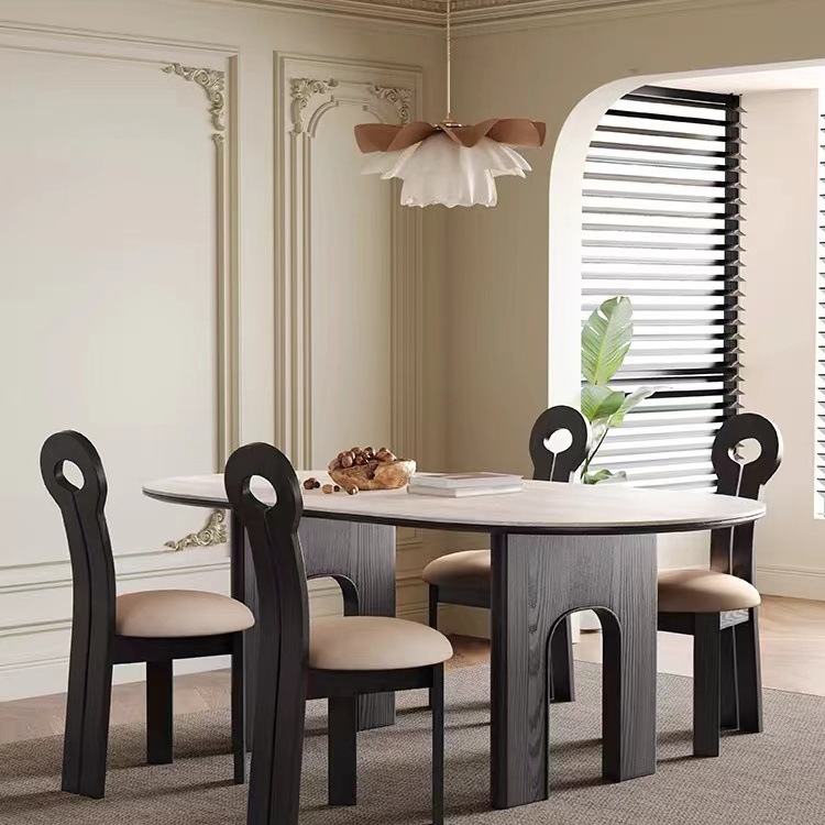 Mesa de comedor retro francesa de madera maciza mesa de comedor de madera de cera blanca agujero de alto grado piedra roca pizarra melocotón color casa mesa de comedor ovalada