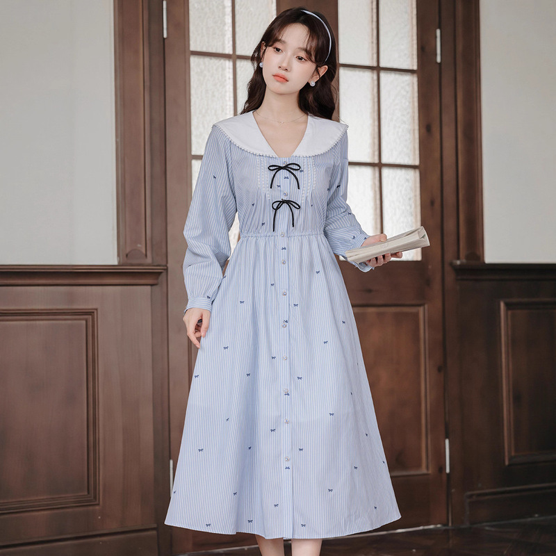 Women's Spring and Autumn Thirteen Lines College Style Navy Collar Long Sleeve Dress Fresh and Youthful Bow Striped Long Dress