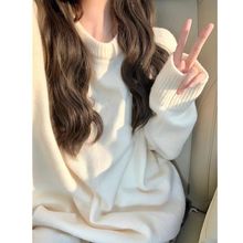 慵懒风加厚圆领毛衣女秋冬套头韩版宽松大码百搭针织衫加绒打底衫