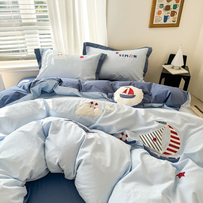2026 New Kidsren's Four-Piece Pure Cotton Boy's Cotton Quilt Cover Three-Piece Cartoon Nautical Embroider Bedding Set