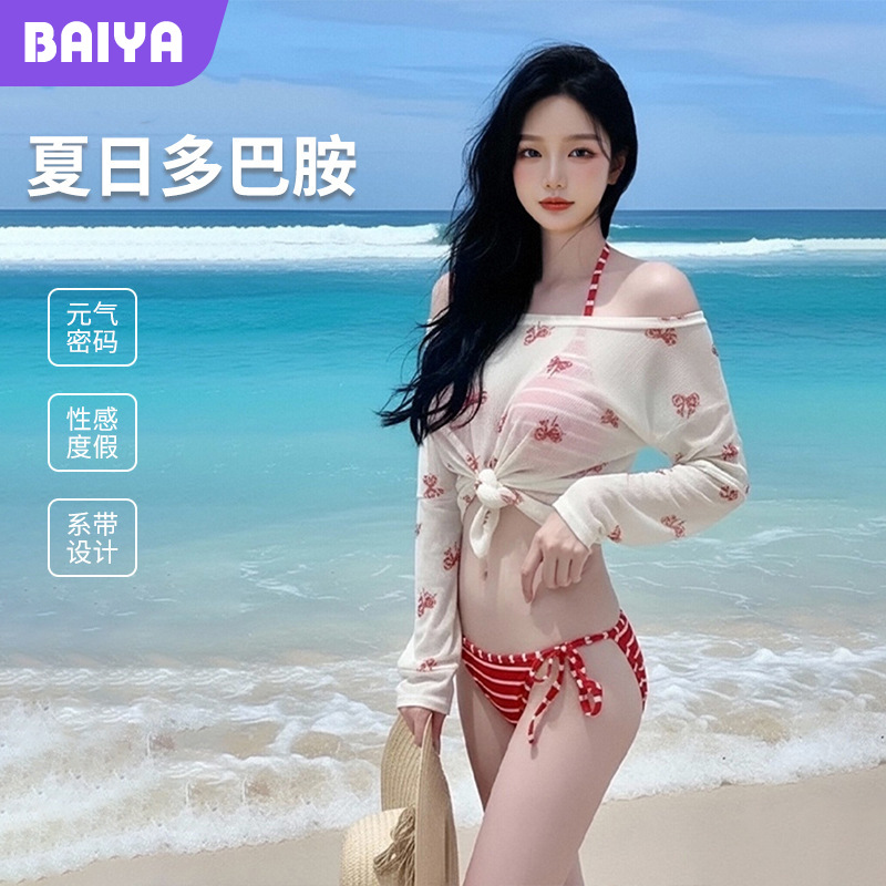 Traje de baño bikini traje de mujer de tres piezas blusa de manga larga sexy chica caliente muestra traje de baño de aguas termales de vacaciones en la playa blanca