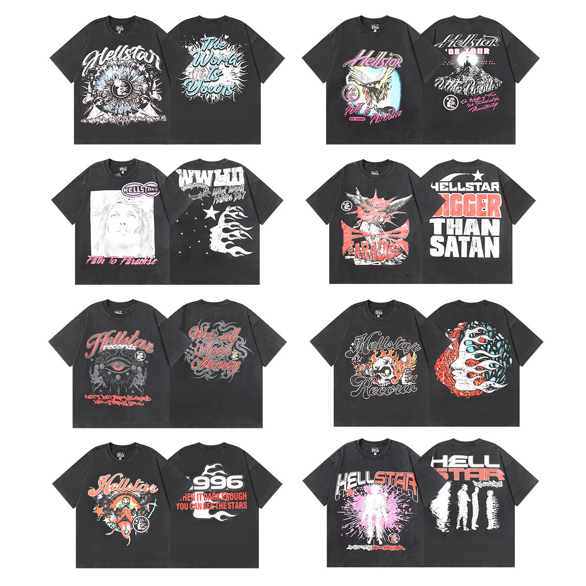 Cross-border Trade Trendy Brand Hellstar T-Shirt Hell Star Wash Black Series Printed Short-sleeved T-shirt for Men