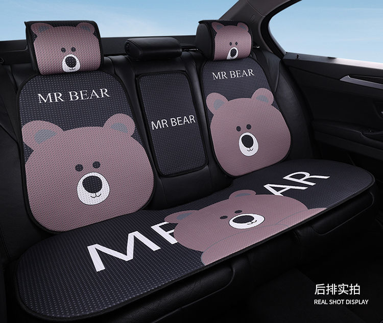 L5U new cartoon car seat cushion breathable four seasons universal linen cool cushion heat insulation whole car rear seat cushion three pieces