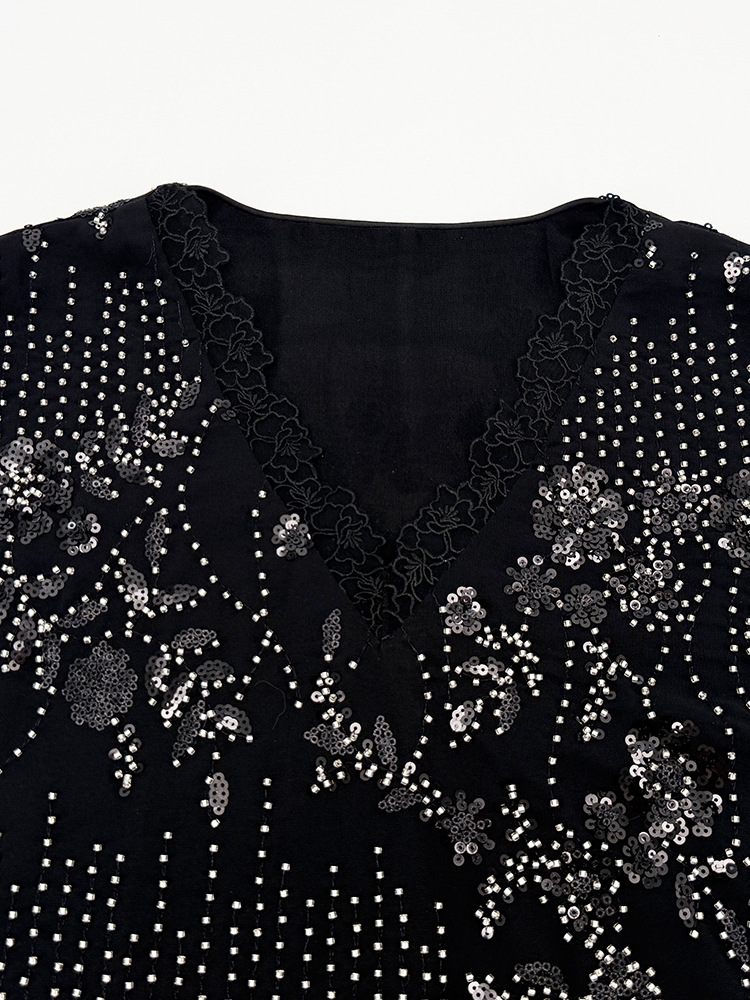 Bộ ba món vest đen, váy nửa và quần dài phong cách Tân Trung Hoa cổ điển, cổ V, thêu sequin — Vest đen, Trang phục [Vest+Half Dress], nửa váy, Quần dài