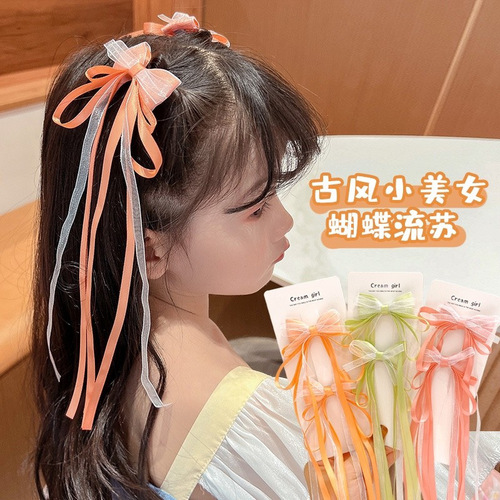 Hanfu headwear girls and children's hairbands girls' hair bow braided hairpins girls princess long ribbon hairpins hair accessories