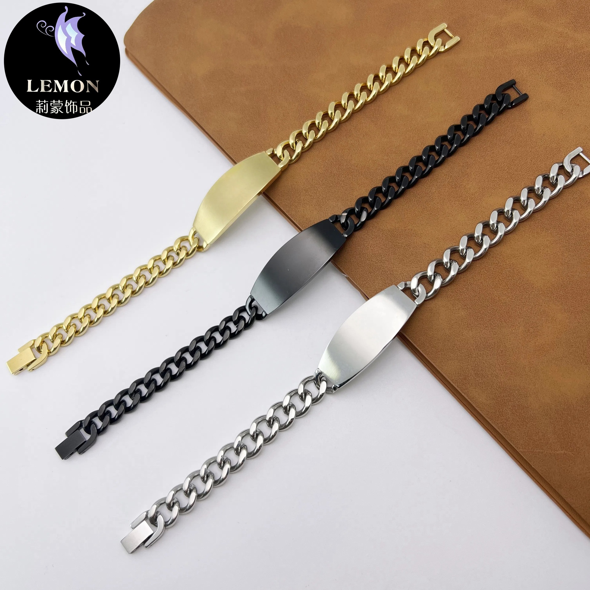 Amazon Hot Stainless Steel Curved Brand Bracelet Men's Engraving Bracelet European and American Trendy Men's Jewelry Factory Outlet