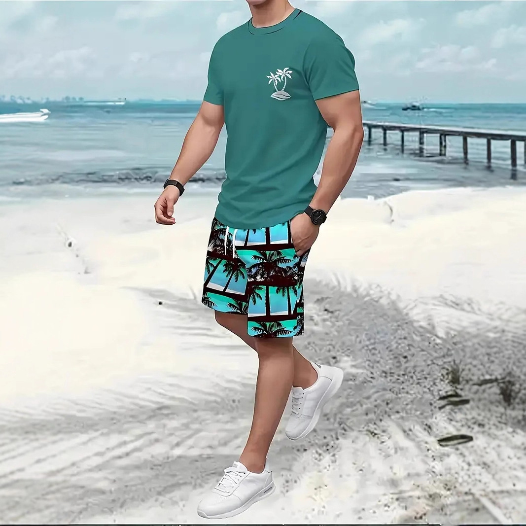 유럽과 미국의 국경 간 2025 남성 트렌디 비치 캐주얼 반바지 반팔 3D 프린트 티셔츠 반바지 남성 여름 정장