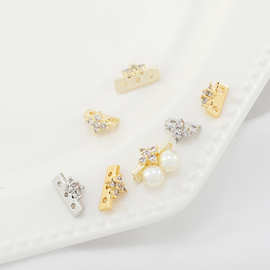 18K保色双三孔穿珍珠隔片铜镶锆石DIY手链串珠排扣挂珍珠带孔隔片