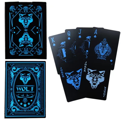 Manufacturer waterproof plastic playing cards wolf head black and blue PVC playing cards anti-slip washable party landlord cards