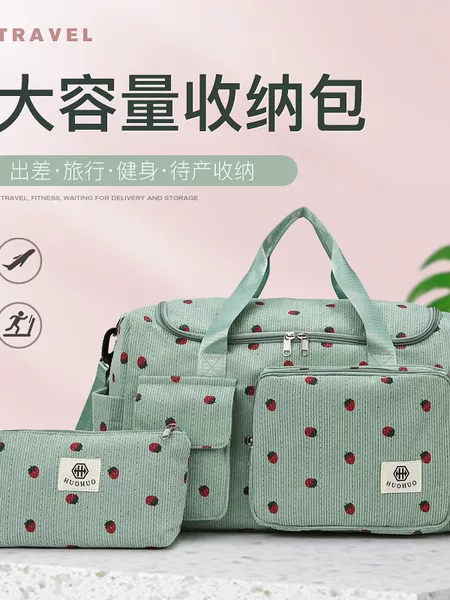 2025 Cross-Border New Bag Large Capacity Luggage Bag Fitness Bag Strawberry Print Crossbody Bag Corduroy Women's Bag