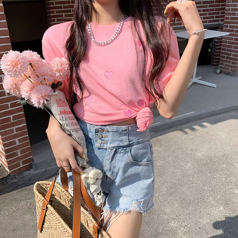 Pullovers Placket Type Regular Sleeve Sleeve Type Wholesale Women's Elegant Heart Shape Solid Color Short Sleeve T-Shirts