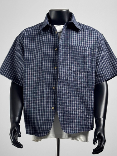 Japanese retro versatile plaid bubble fabric short-sleeve shirt for men and women, summer thin design-style grid