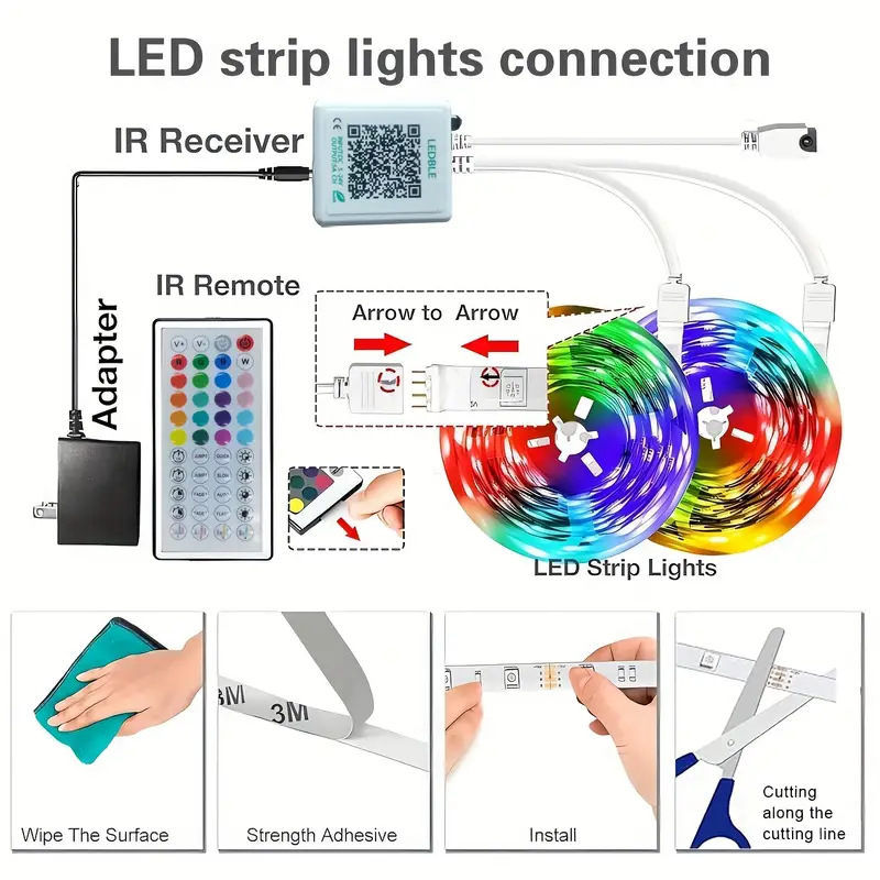 Tira de Luces LED de 12v Transfronteriza, con Bluetooth de 44 Teclas, Autoadhesiva, Colorida, Luz Ambiental RGB, Juego de Tiras de Luces