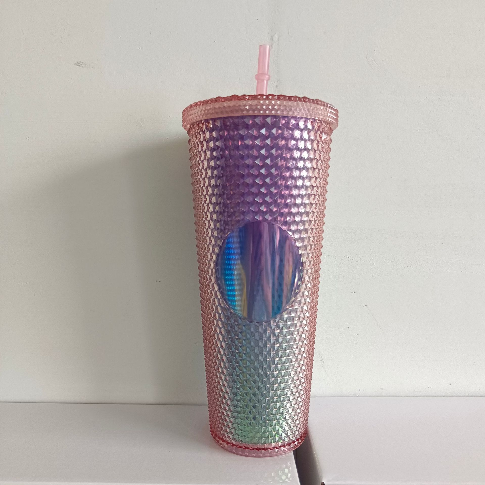 Taza de Plástico de Doble Capa 710ml, con Sorbete, Diseño Diamante/Durian, Transfronteriza