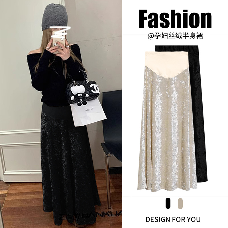 Vintage Pleated Pearlescent Velvet Pregnant Women's Skirt Autumn and Winter Outer Wear Loose Korean Style Pleated Slim Belly Fishtail Skirt