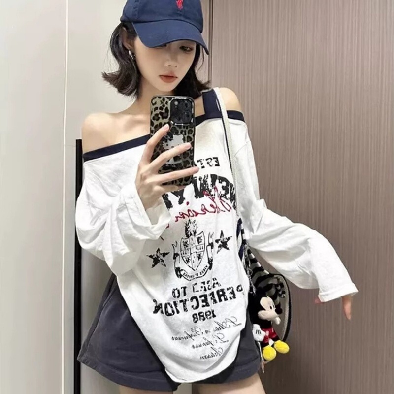 【Imitation Cotton Stretch】American Retro Letter Print Off-Shoulder Long Sleeve Sun Protection T-Shirt for Women 2026 Summer Loose Fit 【Imitation Cotton Stretch】American Retro Letter Print Off-Shoulder Long Sleeve Sun Protection T-Shirt for Women 2026 Summer Loose Fit
