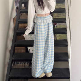 2025蕾丝花边拼接蓝色格子宽松直筒裤女阔腿裤春秋季2025新款高腰