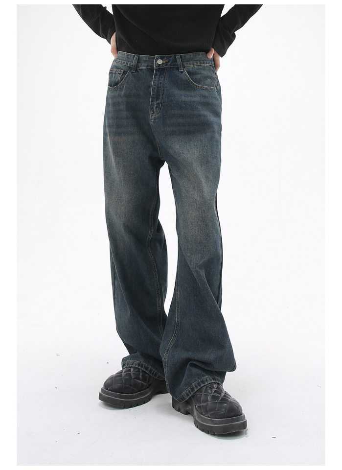 Quần jean nam ống rộng dáng suông cạp vừa vải denim xanh giặt nhẹ — Màu xanh lam chi tiết 12