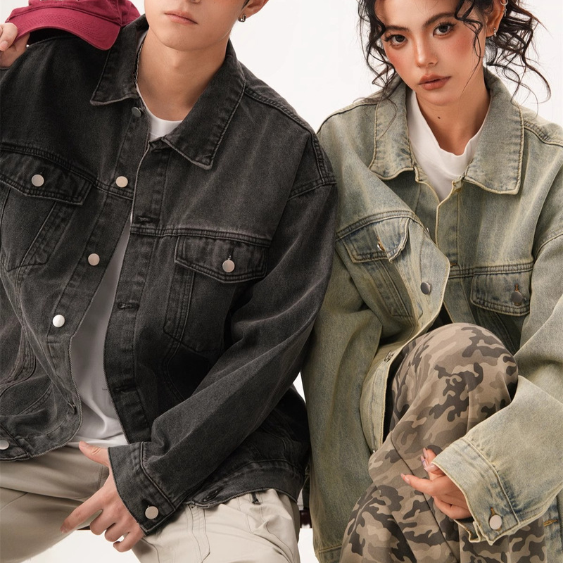 American-style High Street Denim Jacket for Men and Women Spring Loose Washed Work Jacket All-match Lapel Long-sleeved Top for Couple