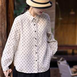 雨露亚麻2025早春新款波点衬衫长袖衬衣女