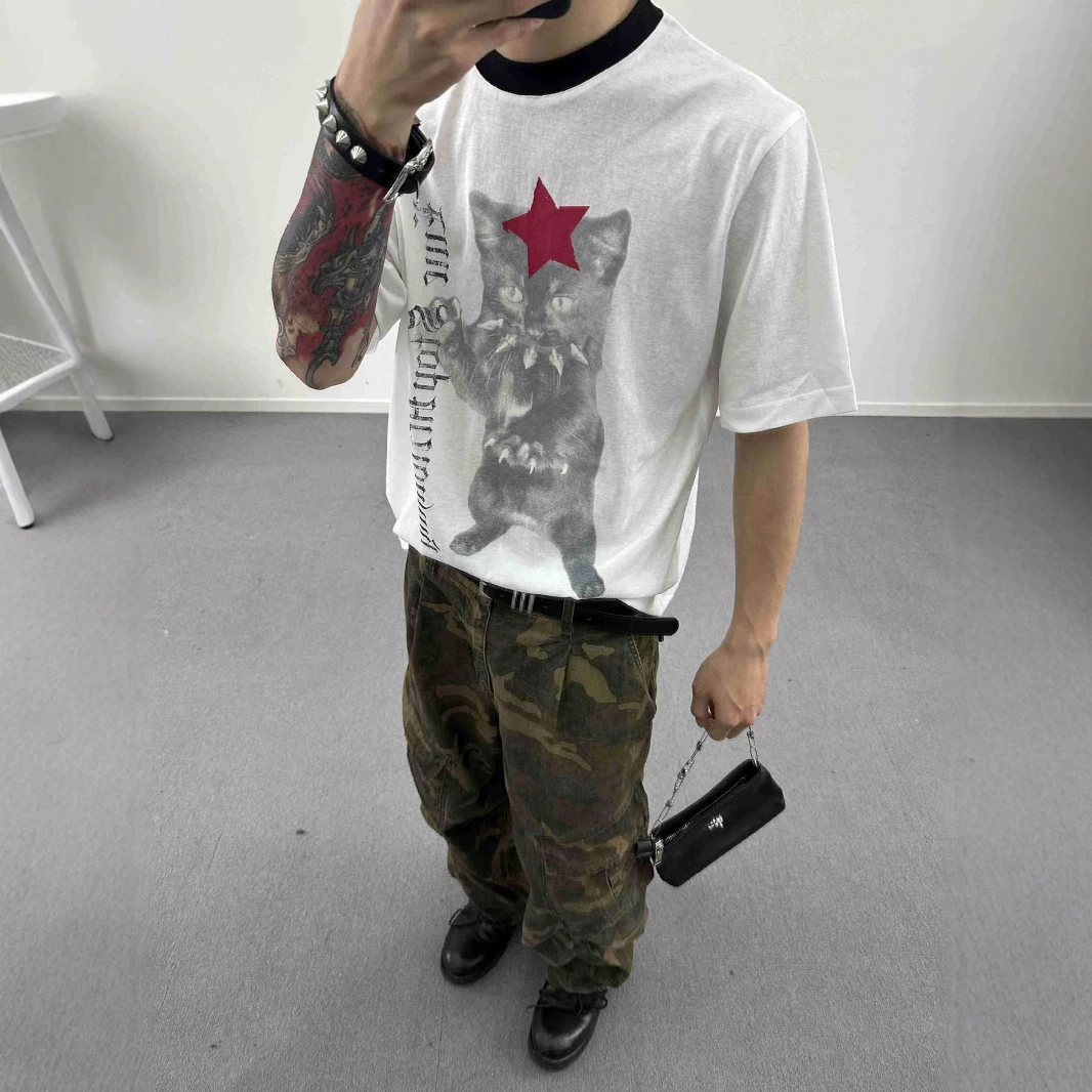 Мужская футболка EME в американском ретро-стиле с принтом кота, с длинным рукавом, унисекс, летняя, свободная, универсальная, повседневная базовая футболка