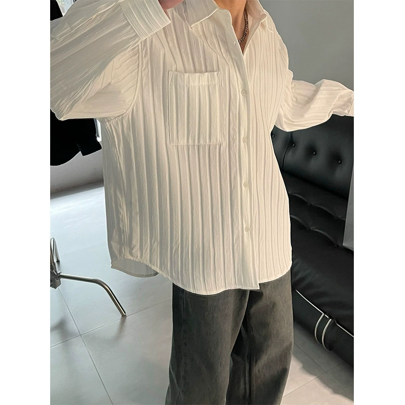 Осенняя ленивая свободная рубашка с длинными рукавами для мужчин высокого уровня текстуры в полоску