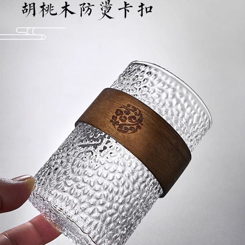創意耐熱加厚日式玻璃水杯客廳待客防燙喝水杯錘紋高級感杯帶卡扣