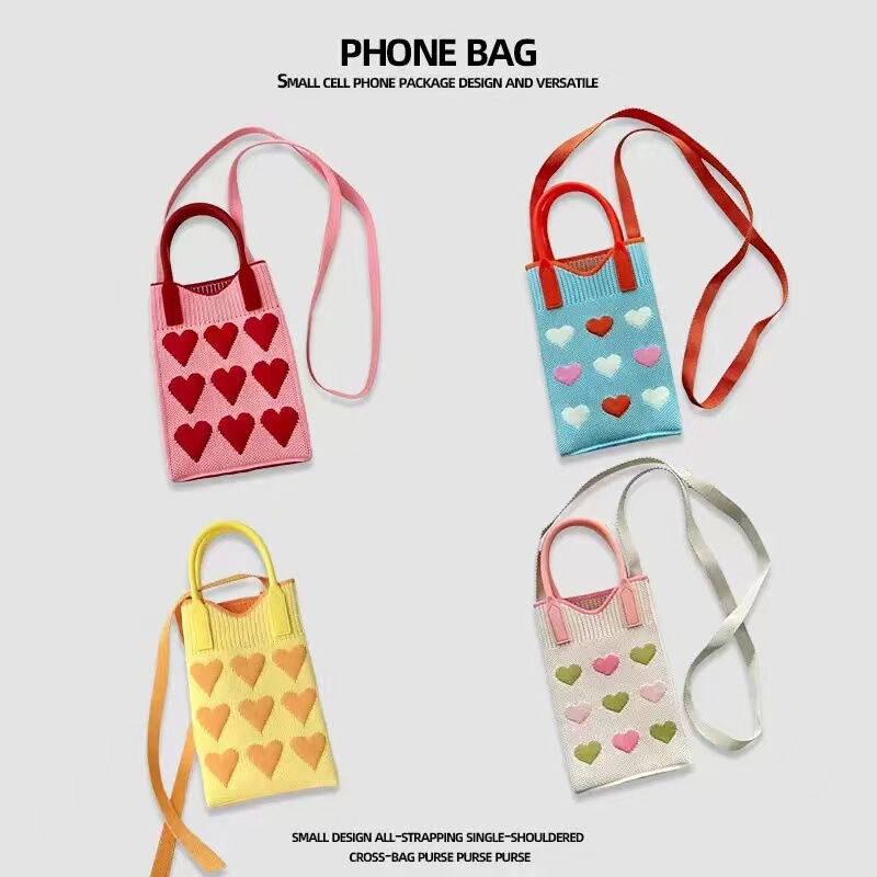 New Love Knitted Mobile Phone Bag for Women Korean Style Versatile Shoulder Crossbody Bag Travel Coin Purse Small Handbag