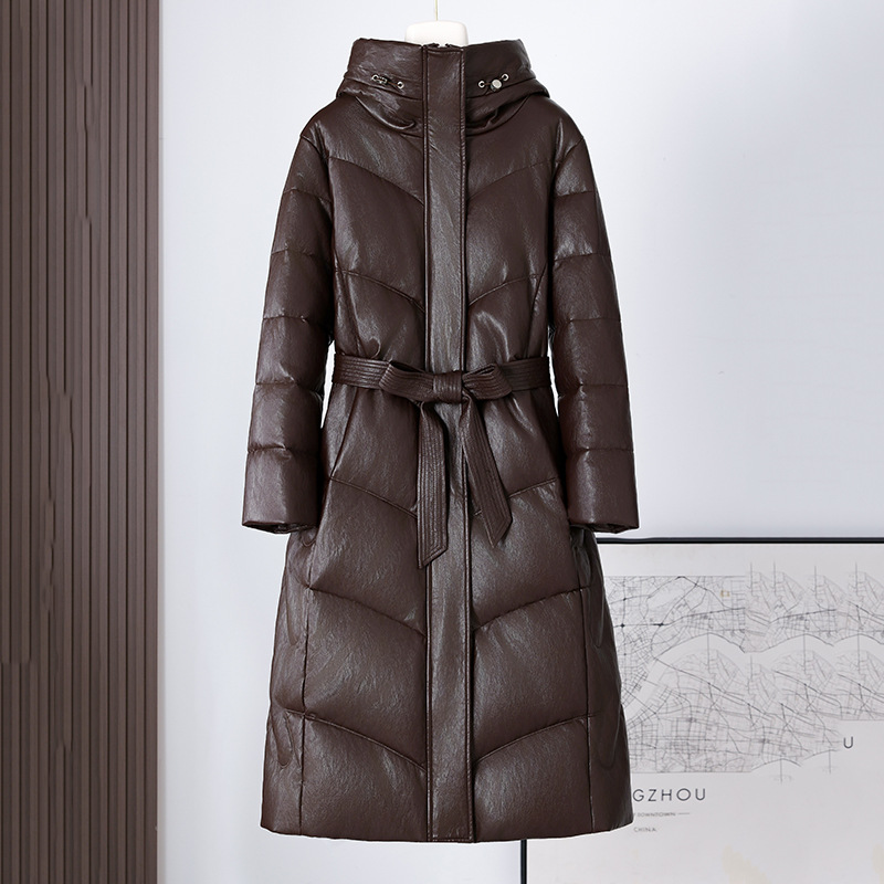 海宁真皮羽绒服女长款过膝收腰显瘦白鸭绒服绵羊皮衣2025冬季新款