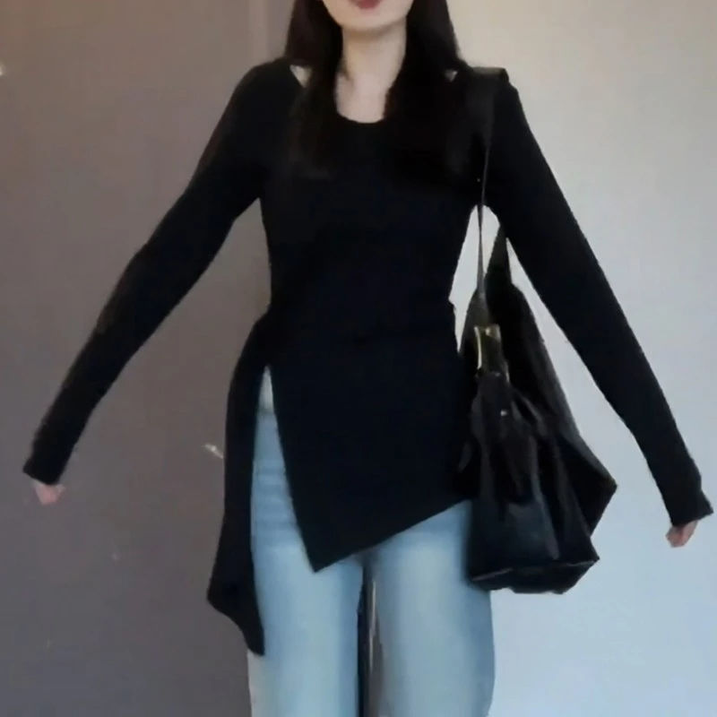 太ったmmの大きいサイズの婦人服の中で長いタイプの修身はやせている長袖のtシャツの不規則な開叉のひもの底のシャツの上着を現します。|undefined