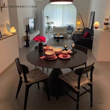 法式洽谈桌岩板圆形餐桌纯白色现代简约圆桌小户型家用饭桌椅组合