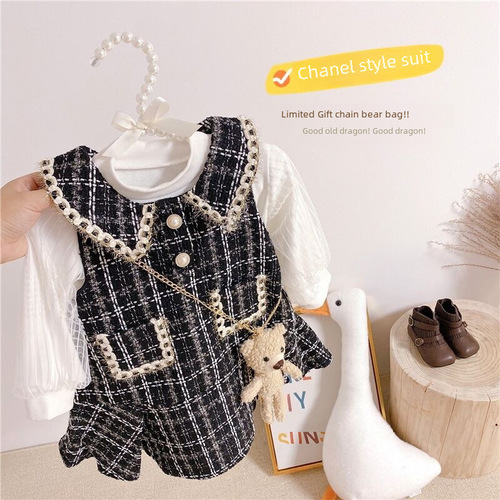 Girls' Set 2024 New Autumn Korean Style Dress Baby Backless Dress Cute Little Black Dress Long Sleeve Two-Piece Set