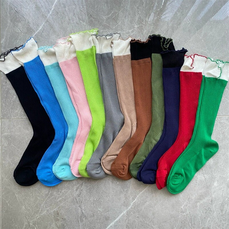 Summer Bell-Mouth Lace Splicing Long High Cotton Socks, Personalized and Versatile Jk Pile Socks, Thin Stripesd Calf Socks for Women