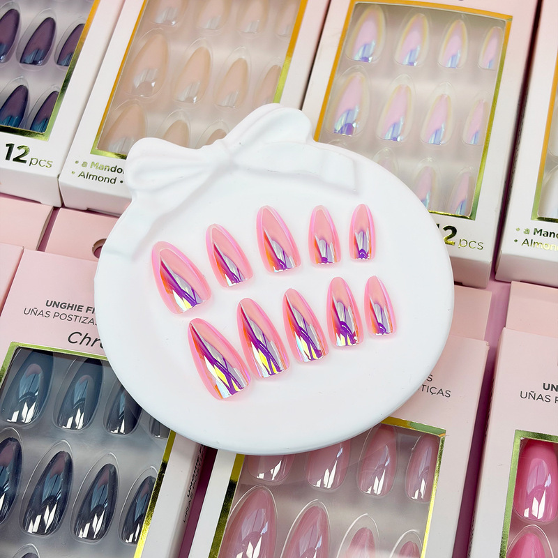 Metallic Mirror Finish Wearable Nails, Internet Celebrity Hot Girl Style, Detachable Fake Nails, Handmade Nails, Medium-Length Almond-Shaped Manicure