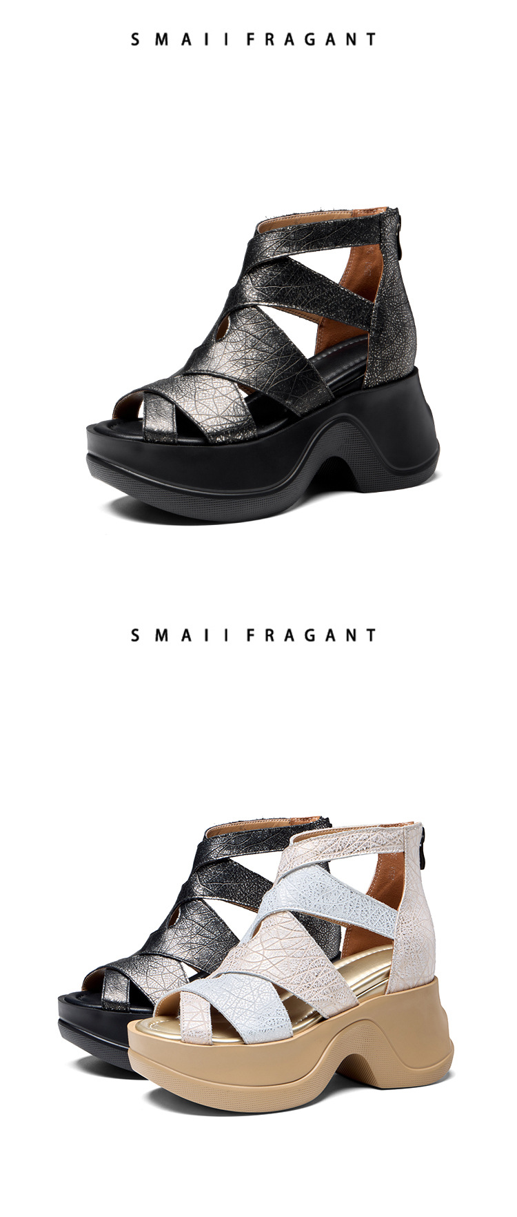 Sandal cao gót nữ đế xuồng hở mũi phong cách La Mã, gót 10 cm — màu đen, Vàng nhạt chi tiết 12