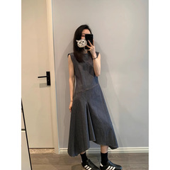 3432 # Awencoat フレンチドレス新しいシンプルなウエスト不規則なラウンドネックノースリーブロングベストドレス