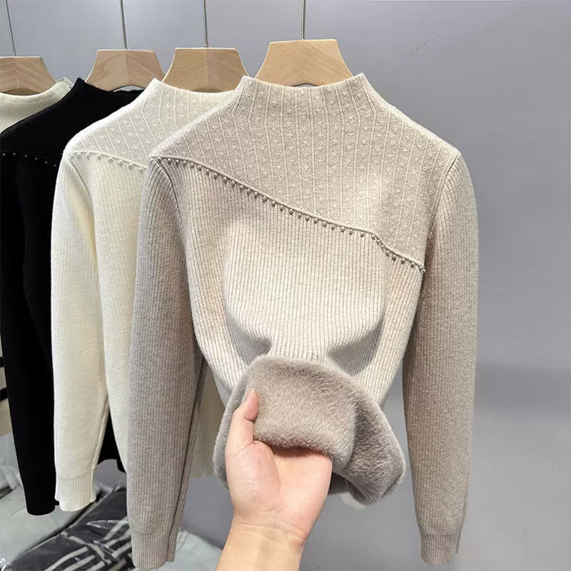 一体绒内搭2024新款半高领秋冬加绒加厚毛衣女保暖羊绒打底衫上衣