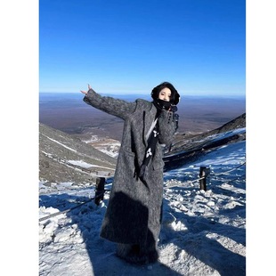 Heavy high-grade gray gauze long hair coat for lovers autumn and winter texture lazy long warm windbreaker coat fashionable