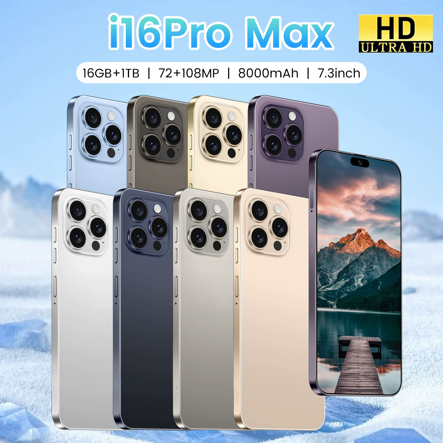 Smartphone i16 Pro Max, intel core i16, 16 GB RAM, 7.3" wide screen, Android 13