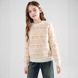 女童100%纯羊毛衫儿童圆领提花针织打底衫加厚软糯亲肤百搭毛衣女