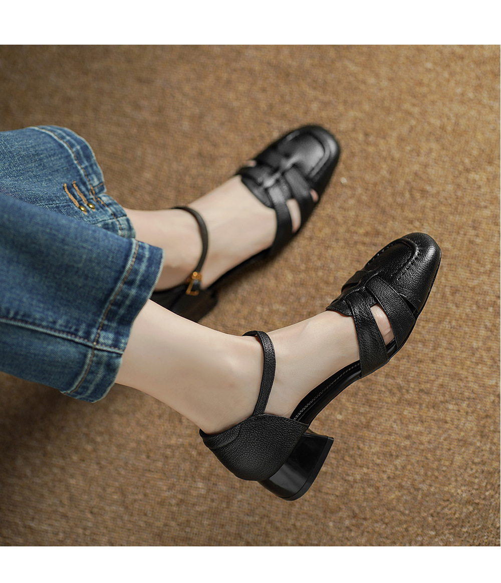 Sandal nữ da cừu mũi nhọn quai khóa gót thô 9 cm — đen chi tiết 6
