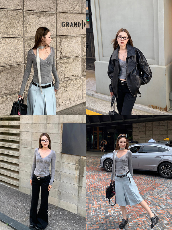 Xzi Detailed Tencel Wool Long-Sleeved T-Shirt Lace Bottoming Top Women's Pit Bottoming Shirt Chic