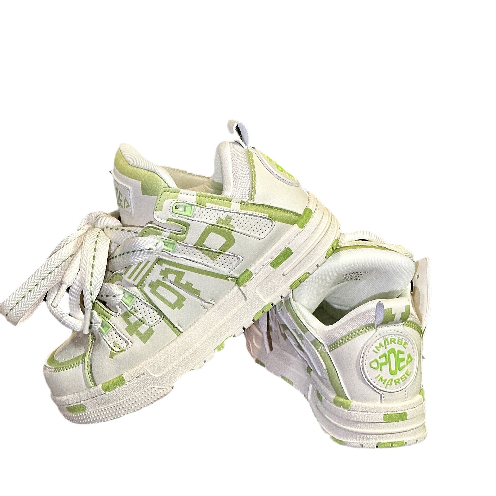 Neue hellgrüne Brettschuhe, trendige Schuhe, Straßentrend, Graffiti-Pixel, Paar Schnürsenkel, Brotschuhe, Brettschuhe_voghion.com