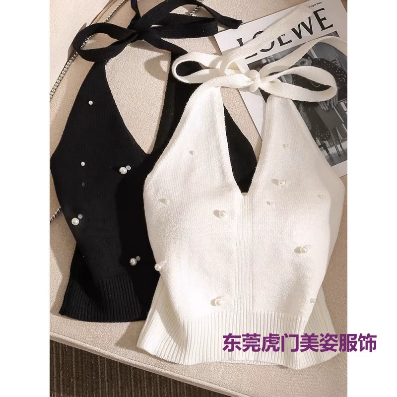 2025 Потрясающий топ с бисером во французском стиле, с бретелькой на шее, внутренняя одежда для горячих девушек, облегающий крой, красивая спинка, вязаный верх с открытыми плечами.