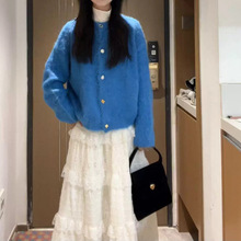 韩版软糯克莱因蓝色针织开衫长袖仿貂绒软呼呼ins毛衣外套女上衣