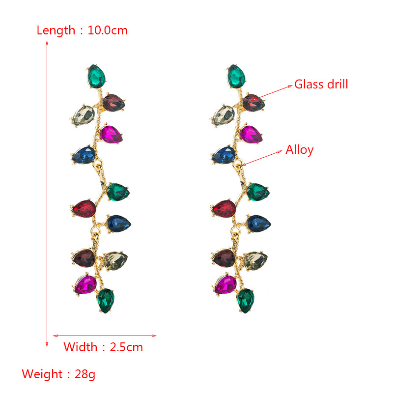 Fashion Color Diamond Alloy Diamond Drop-shaped Glass Diamond Long Leaf Flower Fashion Earrings Wholesale display picture 1