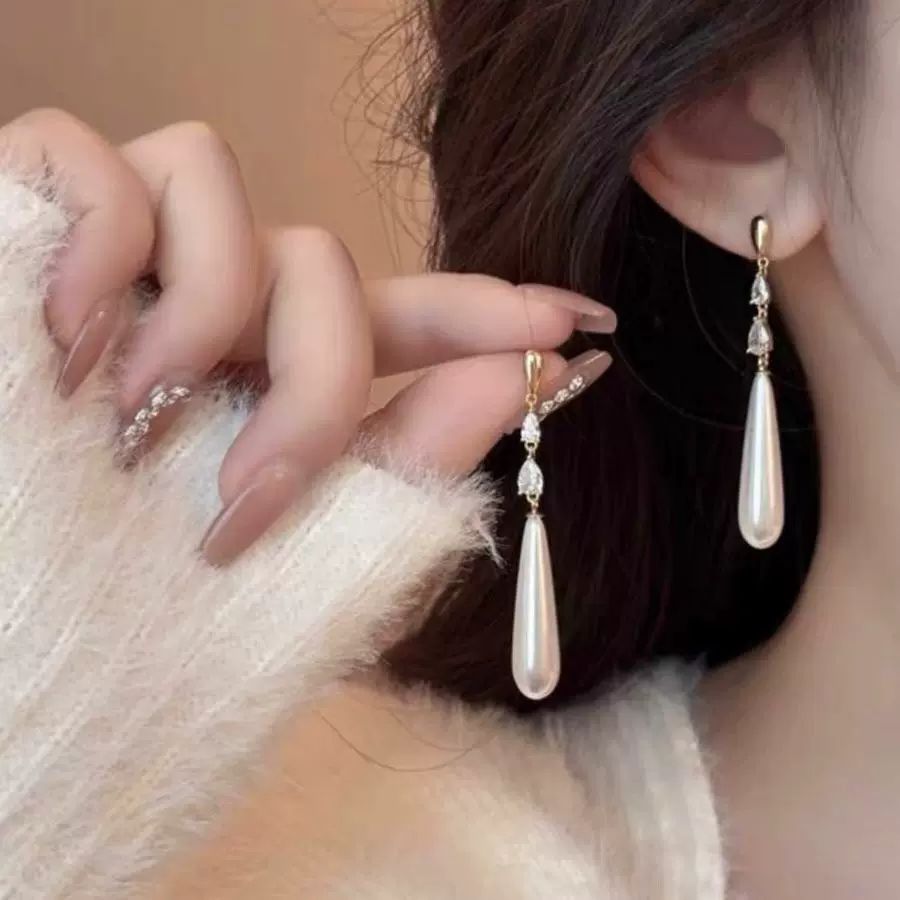 2024年清冷感珍珠水滴耳环轻奢中式长款流苏耳坠气质耳饰耳钉