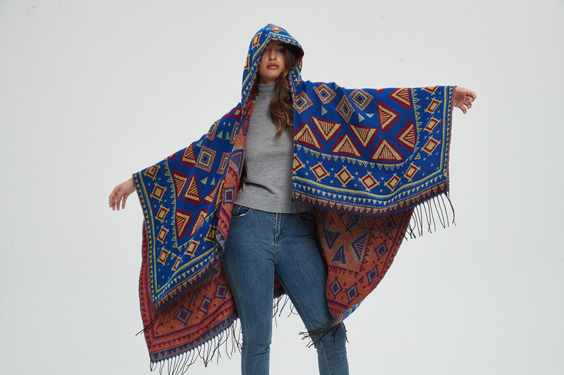 Unisex Hooded cape Winter travel jacquard fringed shawl for women_viptrois.com